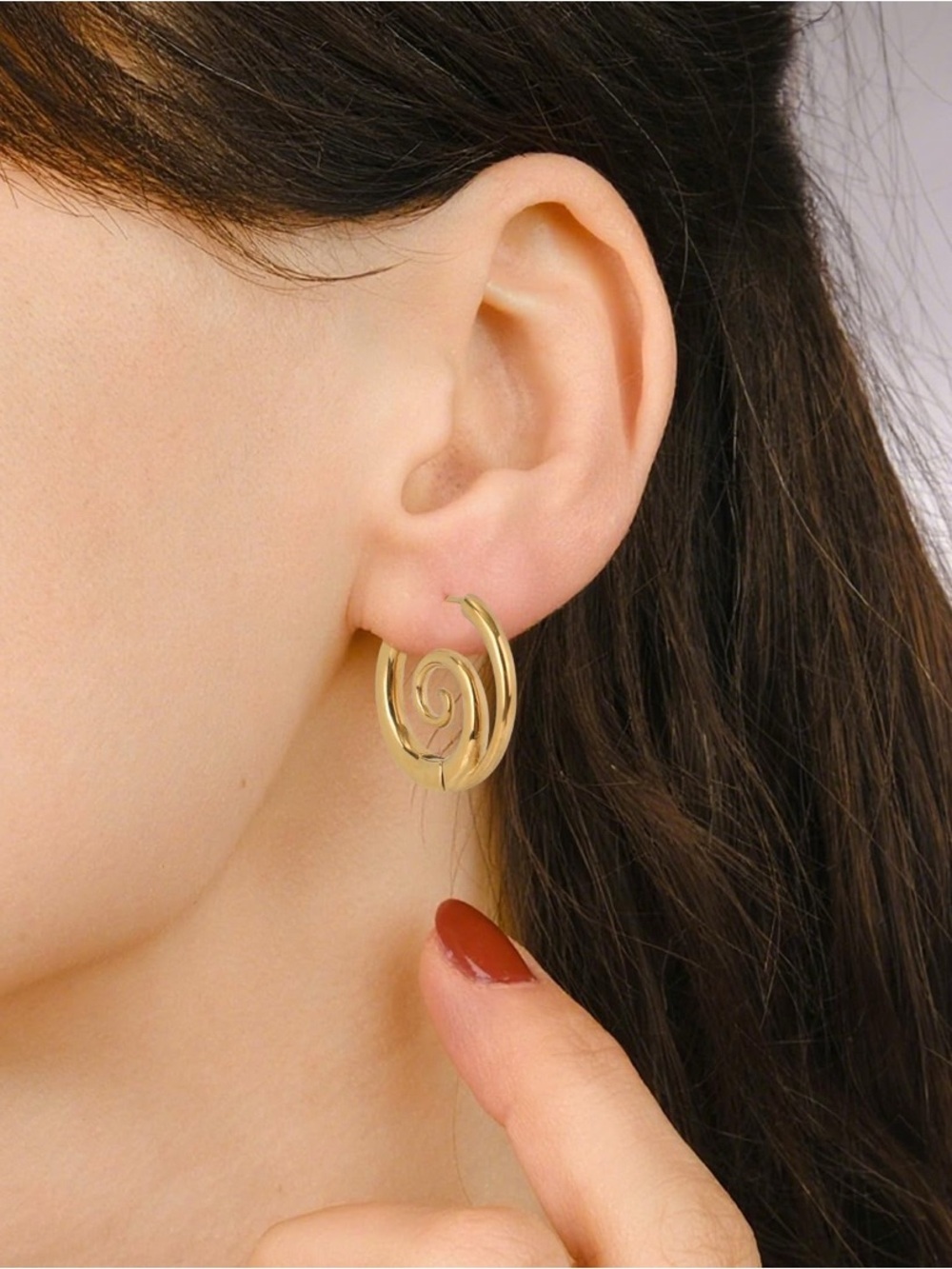 Gold Spiral Swirl Wave Hoop Earrings – Stainless Steel - Picture 4 of 7